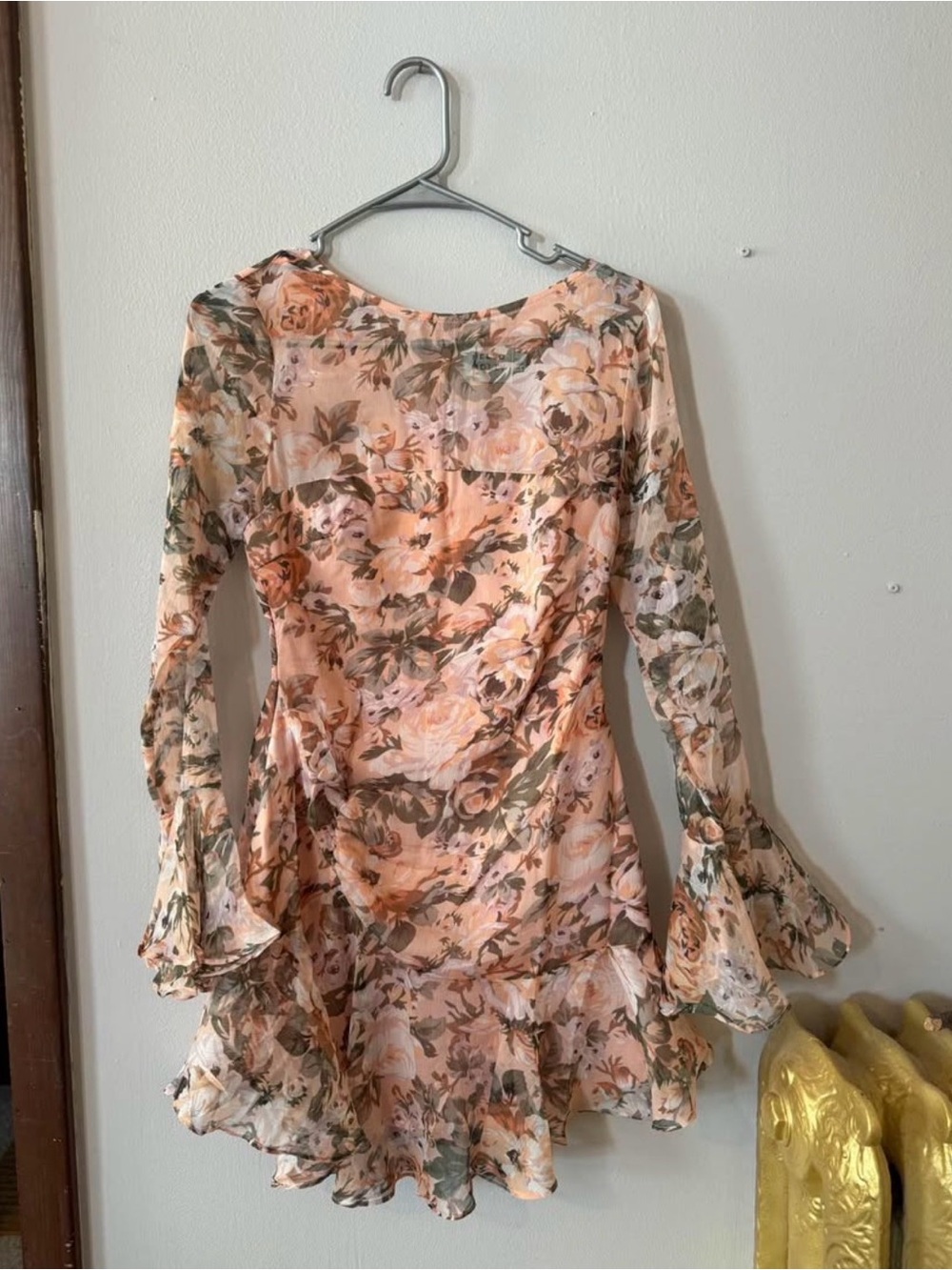 Floral Ruffle Hem Long-Sleeve Mini Dress - Peach Pink - Picture 3 of 6